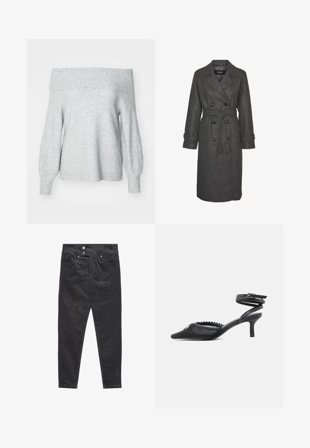 Grå uldblandingslang frakke med dobbeltradet design, store sorte knapper og et matchende bælte i taljen. Med notch-lapper.; Lysegrå off-shoulder striktrøje med ribbet halsudskæring og manchette, der har en afslappet pasform og blød tekstur.; Sorte kordfløjl bukser med slim fit, der har lynlås, to forlommer og en diskret tekstur fra det ribbede stof.; Sort spids tå kitten heel med blondeoverdel, bølget kant og ankestrop med spænde.