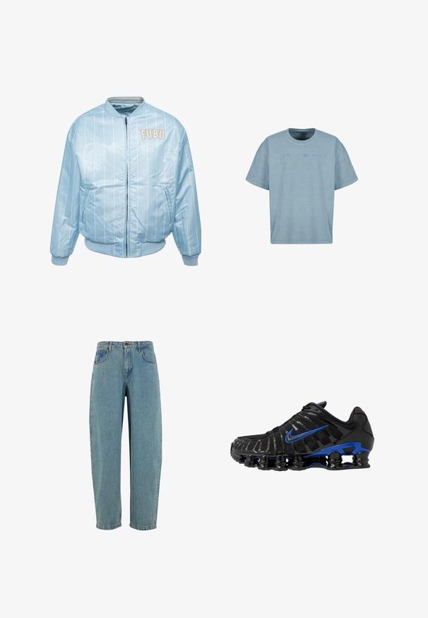 Hellblaue Bomberjacke mit weißen vertikalen Streifen, gerippten Bündchen und Kragen. Mit gesticktem "FUBU"-Logo auf der Brust.; Helles blaues Baumwoll-T-Shirt mit lockerer Passform. Mit Rundhalsausschnitt und gesticktem Logo in kontrastierender Farbe auf der Vorderseite. Kurze Ärmel.; Hellblaue Denim-Jeans mit lockerer Passform, fünf Taschen und geradem Bein. Verfügt über einen klassischen Reißverschluss und Knopfverschluss.; Schwarzer Sportschuh mit Obermaterial aus Mesh und glänzenden Akzenten. Verfügt über einen blauen Swoosh, einen gepolsterten Kragen und eine auffällige schwarze Gummisohle mit sichtbarem Dämpfungselement.