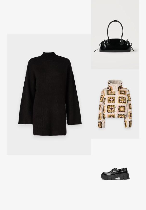 Veste à zipper raccourcie en crème avec un motif de patchwork texturé en diamants olive, rose et marron. Col haut pour une meilleure protection.; Pull en tricot noir surdimensionné avec un col haut et des manches longues, présentant un tissu texturé pour un intérêt visuel supplémentaire.; Mocassin en cuir verni noir avec une semelle plateforme épaisse noire et des œillets décoratifs. Texture lisse avec un bout arrondi et un détail de lacets.; Petit sac à main noir brillant avec deux longues anses et des détails à cordon sur les côtés sur un fond clair uni.