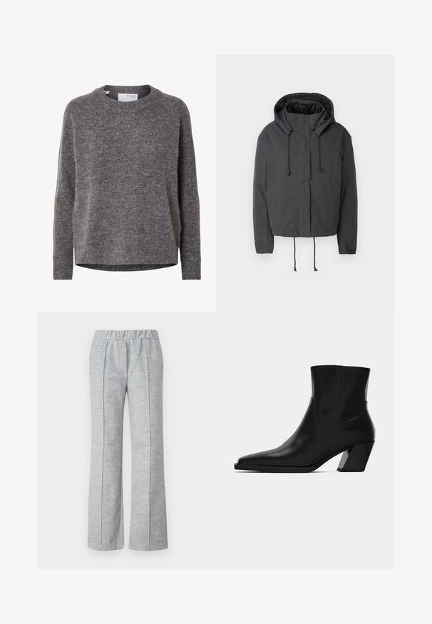 Zwarte cropped jas met capuchon, trekkoordsluiting en zijzakken. Gemaakt van een gladde, lichte stof met een minimale textuur.; Damesgrijze wollen trui met lange mouwen, ronde hals, geribde manchetten en zoom, gelabeld Selected Femme.; Grijze, wijde broek van textuurstof; beschikt over een elastische tailleband en geplooide voordetails. Schoon, minimalistisch ontwerp.; Zwarte leren enkelboot met een spitse neus, een slanke silhoeet en een chunky vierkante hak. Gladde textuur met minimale stikdetails.