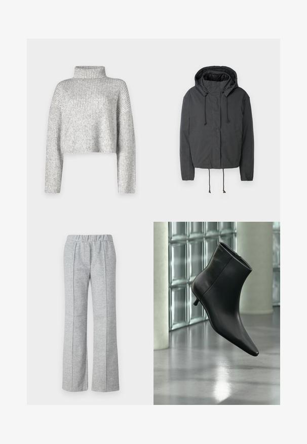 Sort cropped jakke med hætte, snørelukning og frontlommer. Lavet af et glat, letvægtsstof med minimal tekstur.; Grå cropped sweater lavet af ribstrikket stof, der har en høj krave og lange ærmer, med en blød tekstur og subtil farvevariation.; Grå, vide benbukser lavet af tekstureret stof; har en elastisk talje og plisserede frontdetaljer. Ren, minimalistisk design.; Sort læderankelstøvle med spids tå og lav kitten-hæ, vist vinklet mod en poleret gulv- og glasblokvæg.