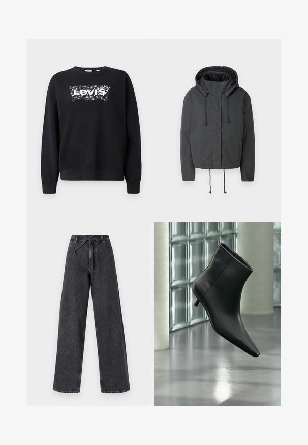 Sort cropped jakke med hætte, snørelukning og frontlommer. Lavet af et glat, letvægtsstof med minimal tekstur.; Sort sweatshirt lavet af bomuld, med et hvidt "Levi's" logo inden for et stjerneformet design. Rund hals og ribbede manchetter og kant.; Højtaljede, brede ben sorte denim jeans med snørelukning. Har en falmet tekstur og subtile syninger.; Sort læderankelstøvle med spids tå og lav kitten-hæ, vist vinklet mod en poleret gulv- og glasblokvæg.
