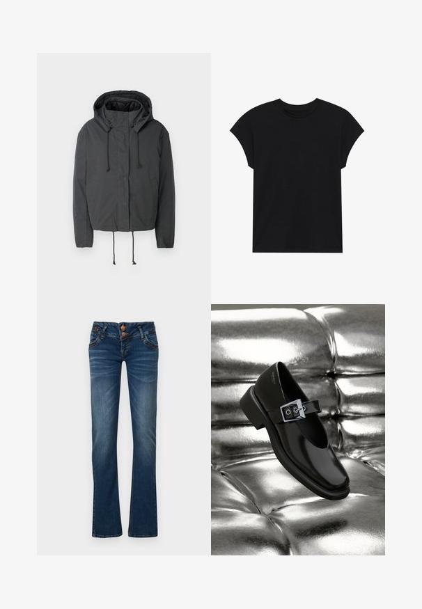 Schwarze cropped Jacke mit Kapuze, Zugbandverschluss und Vorderseiten-Taschen. Hergestellt aus einem glatten, leichten Stoff mit minimaler Textur.; Schwarzes Baumwoll-T-Shirt mit Rundhalsausschnitt, kurzen Ärmeln und entspannter Passform. Glatte Textur und keine sichtbaren Muster oder Verzierungen.; Dunkelblaue Bootcut-Jeans mit zwei vorderen Knöpfen, fünf Taschen und feinem Verblassen an Oberschenkeln und Knien.; Schwarze Leder-Mary-Jane-Schuhe mit quadratischer Zehenform, einem silbernen Schnallenakzent und einem robusten, niedrigen Absatz, vor einem glänzenden silbernen Hintergrund.