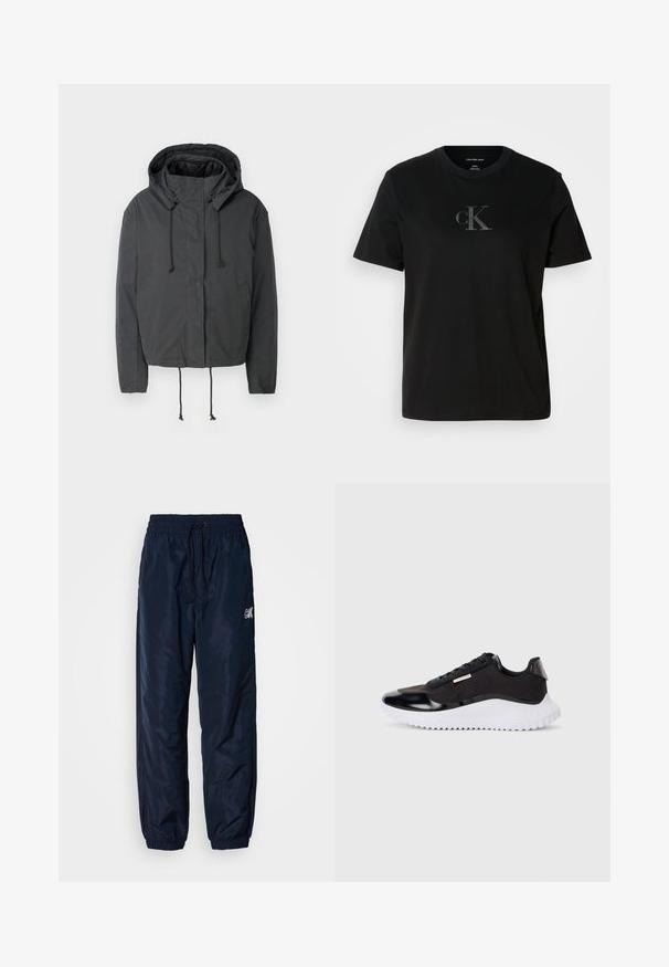 Musta cropped-takki hupulla, kiristysnauhan suljenta ja etutaskut. Valmistettu sileästä, kevyestä kankaasta, jossa on minimaalinen rakenne.; Mustat puuvillaiset lyhythihaiset t-paidat, joissa on hillitty harmaa cK-logo rintakehässä. Pyöreä kaula-aukko ja rento istuvuus suoran helman kanssa.; Meripihkaväriset tuulitakkihousut, valmistettu kiiltävästä synteettisestä materiaalista, joissa on joustava vyötärönyöri, kuminauhahelmat ja logokoristeet.; Musta urheilukengät, joissa on sileä synteettinen päällinen, valkoinen paksu pohja, teksturoituja yksityiskohtia ja mustat nauhat. Minimalistinen muotoilu, ei näkyviä logoja.