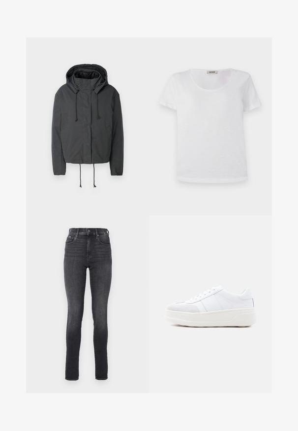 Sort cropped jakke med hætte, snørelukning og frontlommer. Lavet af et glat, letvægtsstof med minimal tekstur.; Hvid kortærmet t-shirt lavet af blødt stof, med rund halsudskæring og lige kant uden synlige mønstre eller detaljer.; Højtsiddende skinny jeans i mørkegrå denim, glat tekstur, med forlommer og metalknaplukning ved taljen.; Hvid lav sneakers med snørelukning, tyk plateau-sål og ruskindsdekoration på tåen, vist fra siden mod en ensfarvet baggrund.