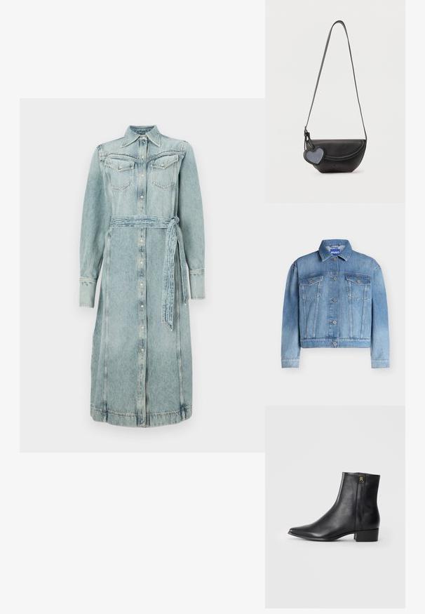 Sininen farkkutakki, jossa pitkät hihat, napitus edessä, kaksi rintataskua läpällisillä ja kaulus, kurkun sisäpuolella Hugo-merkki.; Denim-shirtin mekko vaaleansinisena, jossa on napitus etupuolella, kaksi rintataskua ja yhteensopiva vyö. Pitkät hihat ja suora siluetti.; Mustat nahkasaappaat nilkkamittaisella varrella, teräväkärkiset, sileäpintaiset, matalalla lohkare-ehkäyksellä ja kultainen logo sivussa.; Musta nahkainen olkalaukku, jossa on pyöreä läppä ja roikkuva sydämenmuotoinen koriste yksinkertaisella vaalealla taustalla.