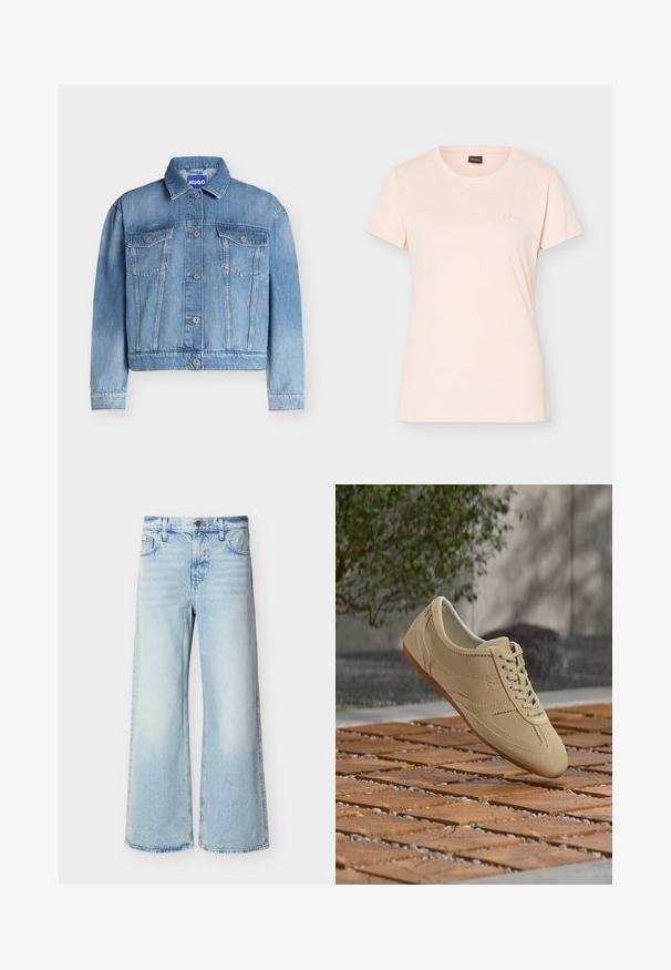 Veste en denim bleu à manches longues, fermeture à boutons sur le devant, deux poches poitrine avec rabats, col, étiquette Hugo à l'intérieur du col.; T-shirt rose clair à manches courtes avec col rond, petit logo BOSS embossé sur la poitrine gauche et étiquette noire à l'intérieur du col.; Jean taille haute bleu clair à jambes larges avec poches avant, passants de ceinture et fermeture par bouton.; Baskets en daim beige à lacets flottant au-dessus d'un sol en carrelage en bois, avec de la verdure et un mur gris en arrière-plan.