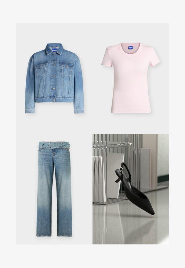 Blauwe spijkerjas met lange mouwen, knoopsluiting aan de voorkant, twee borstzakken met kleppen en een kraag, met het label Hugo binnen in de nek.; Lichtroze geribde T-shirt met korte mouwen en een ronde hals, met een klein rechthoekig detail onder de halslijn en een blauw "HUGO"-label in de kraag.; Lichtblauwe denim jeans met een brede pijpdesign, voorzien van een bijpassende tailleriem en een geleidelijke vervaging van donker naar licht.; Zwarte slingback kitten heel schoen met puntige neus zwevend nabij een metalen ordner op een reflecterende vloer.