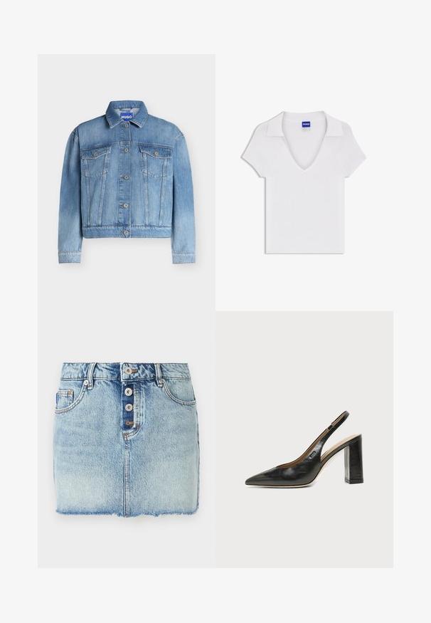 Veste en denim bleu à manches longues, fermeture à boutons sur le devant, deux poches poitrine avec rabats, col, étiquette Hugo à l'intérieur du col.; Chemise blanche à manches courtes avec col en V et large col, en tissu texturé, avec une étiquette bleue « HUGO » à l'intérieur de l'encolure.; Mini-jupe en jean bleu clair avec fermeture à boutons sur le devant, passants pour ceinture et ourlet brut.; Chaussure slingback en cuir noir à bout pointu avec un talon bloc haut et une doublure intérieure beige sur un fond clair uni.