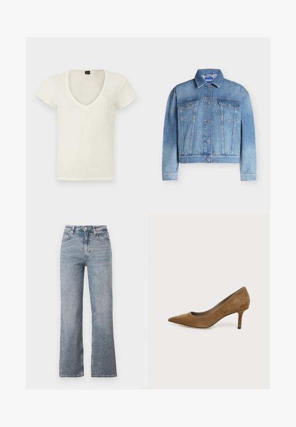 Veste en denim bleu à manches longues, fermeture à boutons sur le devant, deux poches poitrine avec rabats, col, étiquette Hugo à l'intérieur du col.; T-shirt blanc à manches courtes avec col en V et étiquette "BOSS" noire et orange à l'intérieur du col, présenté sur un fond clair uni.; Jean bleu clair taille haute à jambe droite avec bouton frontal, fermeture éclair et design classique à cinq poches.; Chaussure à talon haut en daim marron, bout pointu, avec un talon aiguille fin de hauteur moyenne sur fond blanc.