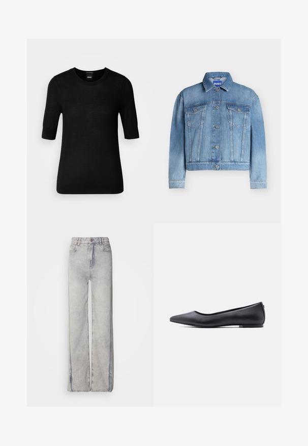 Veste en denim bleu à manches longues, fermeture à boutons sur le devant, deux poches poitrine avec rabats, col, étiquette Hugo à l'intérieur du col.; Pull noir à manches courtes en laine mérino fine. Encolure ronde, coupe ajustée, texture lisse, design minimal, sans motifs ni accents visibles.; Jean large en denim bleu clair avec un délavage, doté d'une fermeture éclair, de cinq poches et de coutures contrastantes.; Chaussure plate en cuir noire à bout pointu avec petit talon, vue de profil sur fond blanc.