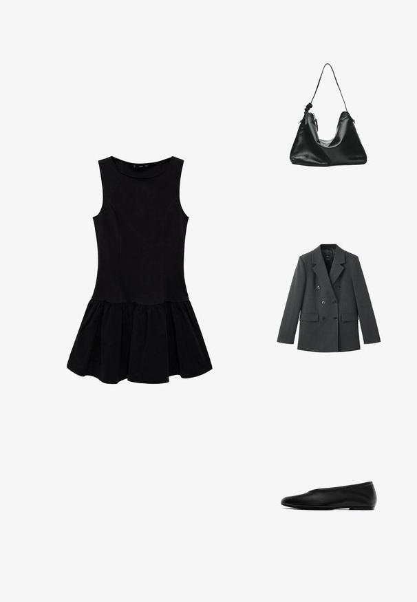 Dubbel-breasted blazer van donkergrijze stof, met gelapte revers, grote knopen aan de voorkant en twee zijzakken. Gladde textuur.; Zwarte mouwloze jurk met een nauwsluitend lijfje en een uitlopende geplooide rok. Gemaakt van zachte stof, met een ronde halslijn en zonder versieringen.; Zwarte platte schoen met een glad leren buitenkant, een afgeronde neus, een laag profiel, minimale details en een flexibele zool.; Zwarte leren schoudertas met een enkele dunne riem en ritssluiting, afgebeeld tegen een witte achtergrond.