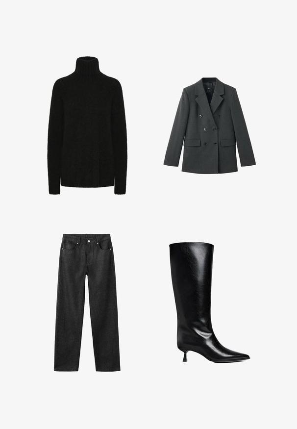 Dobbeltradet jakke i mørkegrå stof med aliasklapper, store frontknapper og to sidelommer. Glat tekstur.; Sort turtleneck trøje lavet af blødt, tekstureret materiale; løs pasform med ribbet krave og manchetter. Lange ærmer og ingen synlige mønstre.; Sorte denimbukser med lige ben, der har fem lommer, sølvhardware og en glat tekstur.; Sort læderknæhøje støvler med spidse tæer, slank silhuet og en lav blokhæl med en blank finish.