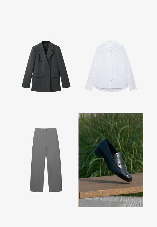 Dubbel-breasted blazer van donkergrijze stof, met gelapte revers, grote knopen aan de voorkant en twee zijzakken. Gladde textuur.; Witte lange mouwen overhemd met kraag en bijpassende smalle stropdas, met knopen aan de voorkant en manchetten, weergegeven tegen een effen achtergrond.; Lichtgrijze broek met wijde pijpen van een gladde, gestructureerde stof, voorzien van een knoopsluiting aan de voorkant en riemlussen in de taille.; Zwarte leren loafer met lage hak die balanceert op de rand van een houten bankje buiten met hoog groen gras op de achtergrond.