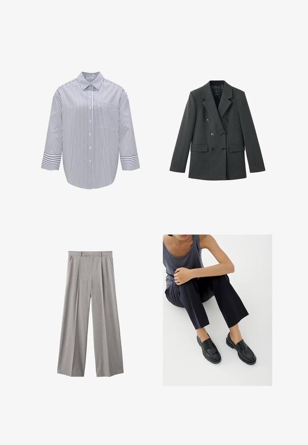 Dubbel-breasted blazer van donkergrijze stof, met gelapte revers, grote knopen aan de voorkant en twee zijzakken. Gladde textuur.; Gestreept overhemd met kraag, witte basis en donkerblauwe verticale strepen. Bevat een borstzak en brede driekwartmouwen.; Lichtgrijze wijde broek van een geweven stof. Heeft plooien aan de voorkant, een aansluitende tailleband en zijzakken.; Zwarte leren loafers met textuurelementen, lage hak, ronde neus en zichtbare stiksels. Model draagt donkere broek en een grijze top.