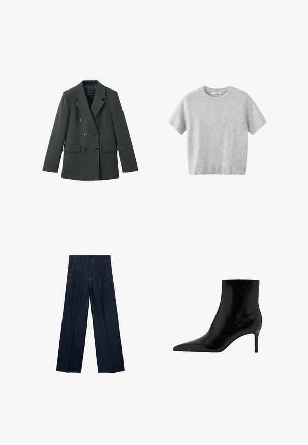 Dubbel-breasted blazer van donkergrijze stof, met gelapte revers, grote knopen aan de voorkant en twee zijzakken. Gladde textuur.; Lichtgrijze kortetermijn gebreide top van zacht materiaal, met een ronde halslijn en geribbelde zoom voor extra textuur.; Marineblauwe wijde jeans met een hoge taille, plooien en een traditionele vijf-pocketdesign, gemaakt van denim stof met subtiele stiksels.; Zwarte enkelboot met een puntige neus, gemaakt van glanzend leer. Beschikt over een stilettohak en een gladde textuur. Geen zichtbare versieringen.