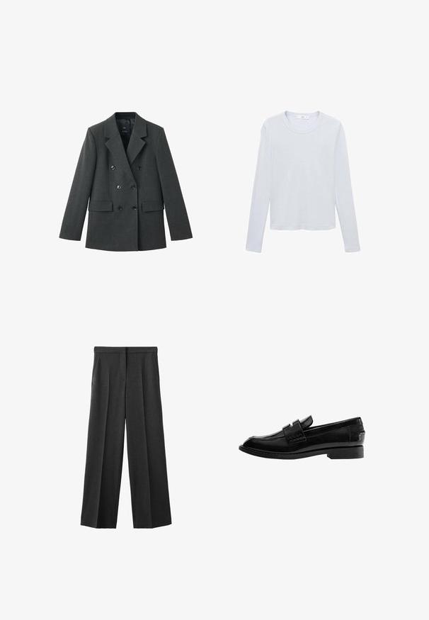 Dubbel-breasted blazer van donkergrijze stof, met gelapte revers, grote knopen aan de voorkant en twee zijzakken. Gladde textuur.; Wit katoenen T-shirt met lange mouwen, ronde hals, rechte zoom en minimale stiksels, plat liggend op een witte achtergrond.; Donkergrijze wijde broek gemaakt van een gestructureerde stof, met een platte tailleband, twee voorzakken en geplooide details.; Zwarte leren loafer met een glanzende afwerking, licht puntige neus, instapmodel, en een lage rechthoekige hak met gestikte details.