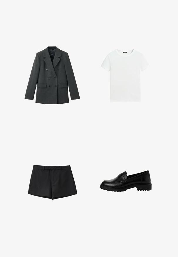 Dubbel-breasted blazer van donkergrijze stof, met gelapte revers, grote knopen aan de voorkant en twee zijzakken. Gladde textuur.; Effen wit T-shirt met korte mouwen, een ronde hals en een klein zwart labeltje aan de binnenkant van de kraag.; Zwarte tailor-made shorts met fijne krijtstreep, met riemlussen en zijzakken, ontworpen voor een aansluitende pasvorm.; Zwarte leren instappers met een ronde neus, decoratieve bovenband en een dikke, gestructureerde rubberen zool. Gladde afwerking met subtiele stikdetails.