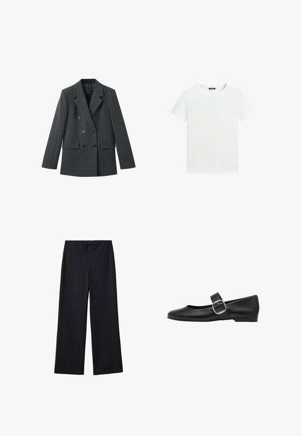 Dubbel-breasted blazer van donkergrijze stof, met gelapte revers, grote knopen aan de voorkant en twee zijzakken. Gladde textuur.; Effen wit T-shirt met korte mouwen, een ronde hals en een klein zwart labeltje aan de binnenkant van de kraag.; Zwarte wijde pijpen broek met krijtstreep, een gladde textuur en een hoge tailleband. De stof heeft een subtiele glans en valt losjes.; Zwarte leren ballerina's met een ronde neus, een enkele verstelbare band en een grote zilveren sluiting. Platte hak en een gladde textuur.