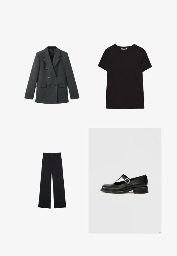 Dobbeltradet jakke i mørkegrå stof med aliasklapper, store frontknapper og to sidelommer. Glat tekstur.; Sort kortærmet t-shirt i bomuld med rund halsudskæring, standard pasform og synlig indvendig halsmærkat.; Sorte bredbenede bukser lavet af et glat stof. Har en klassisk pasform, forlommer og en talje med knaplukning.; Sort Mary Jane-sko i læder med rund tå, T-remdesign, justerbar spænde og lav stablet hæl. Glat tekstur med minimal detaljering.