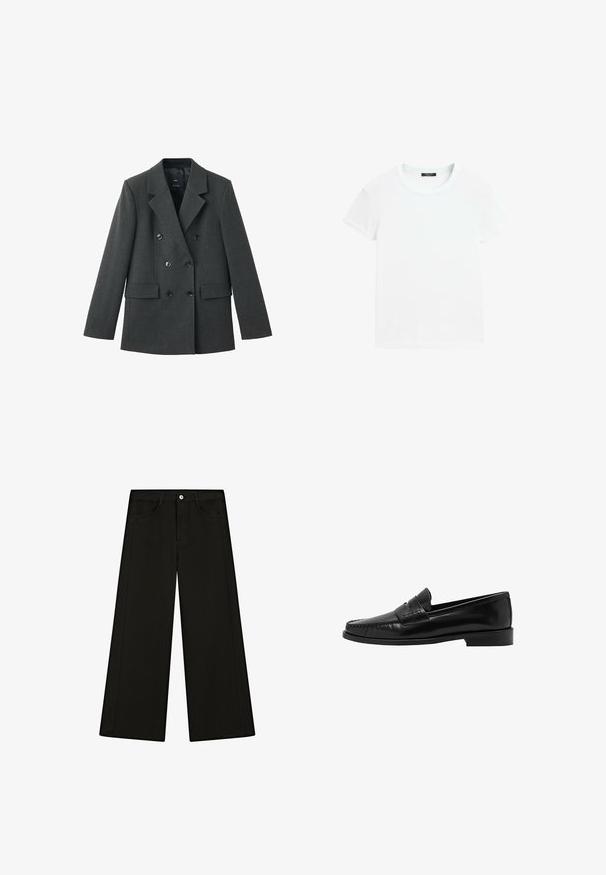 Dubbel-breasted blazer van donkergrijze stof, met gelapte revers, grote knopen aan de voorkant en twee zijzakken. Gladde textuur.; Effen wit t-shirt met korte mouwen en ronde hals, plat gelegd op een witte achtergrond.; Zwarte broek met wijde pijpen, voorzakken, ceintuurlussen en een zilveren knoopsluiting aan de tailleband.; Mango Instappers - black