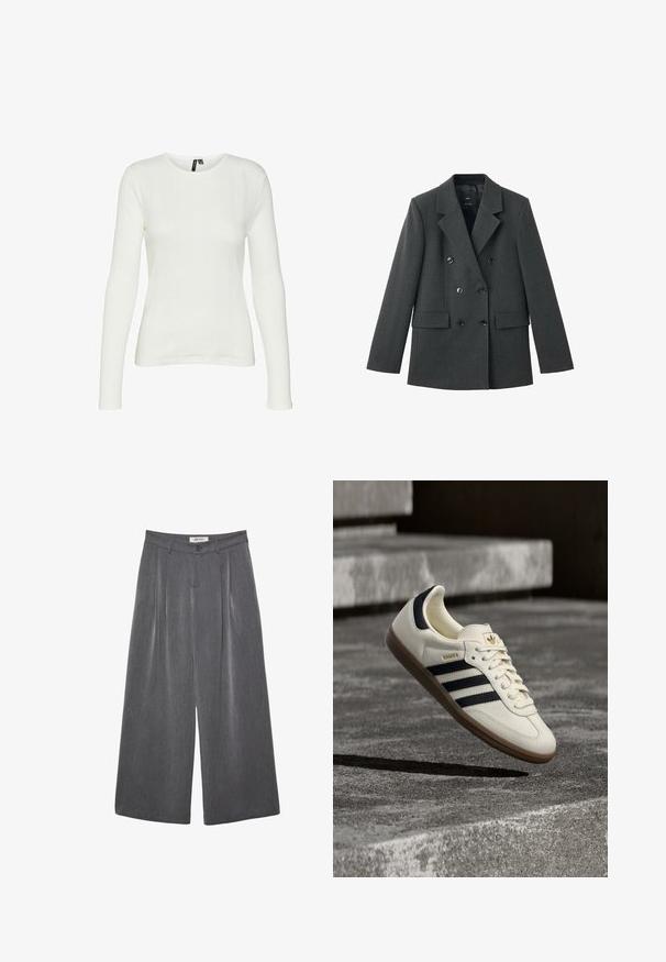 Dobbeltradet jakke i mørkegrå stof med aliasklapper, store frontknapper og to sidelommer. Glat tekstur.; Hvid langærmet skjorte med rund halsudskæring. Stoffet har et struktureret mønster med lodrette linjer og ribbede detaljer.; Grå vidde bukser med læg, lavet af blødt stof. Har knaplukning og en skræddersyet linning.; Hvid Adidas Samba sneaker med sorte striber og gummsål, svævende over teksturerede grå betonstrin.