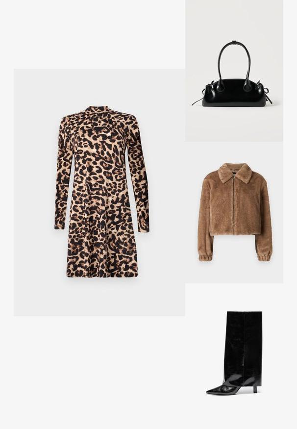 Veste en fausse fourrure marron avec un col, design court, manches longues, fermeture éclair et poignets élastiques. Texture douce et finition lisse.; Robe à manches longues en imprimé léopard avec un col montant et une silhouette évasée. Le tissu a une texture lisse avec des couleurs sombres et claires contrastées.; Botte chelsea en cuir noir avec un bout pointu et un talon bloc, présentant un tige haute et brillante ainsi qu'une finition texturée sur la partie inférieure.; Petit sac à main noir brillant avec deux longues anses et des détails à cordon sur les côtés sur un fond clair uni.