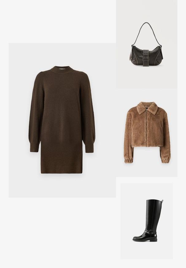 Brun faux fur jakke med krave, cropped design, lange ærmer, lynlåslukning og elastiske manchetter. Blød tekstur og glat finish.; Langærmet, mørkebrun strikket sweaterkjole med ribbet høj halsudskæring, manchetter og kant på en hvid baggrund.; Sorte knæhøje støvler lavet af blankt læder med en sølvfarvet spænde ved anklen og rundet snude. Flad sål.; Sort læder skuldertaske med spænde på remmen, afrundede kanter og kontrasterende hvide syninger på en ensfarvet baggrund.