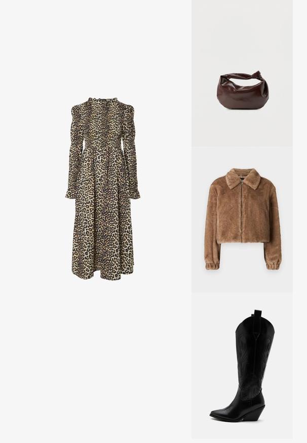 Bruine nepbontjas met kraag, cropped ontwerp, lange mouwen, ritssluiting en elastische manchetten. Zachte textuur en gladde afwerking.; Leopardprint lange mouw jurk met een gesmokte lijfje, hoge halslijn en vloeiende silhouet. Gemaakt van zachte, lichte stof.; Zwarte leren cowboylaars met puntige neus, schuine blokhak, decoratieve stiksels en aantreklusjes bovenaan tegen een witte achtergrond.; Donkerbruine leren schoudertas met een zachte, slungelige vorm en een gedraaide knoopvormige handgreep op een effen witte achtergrond.