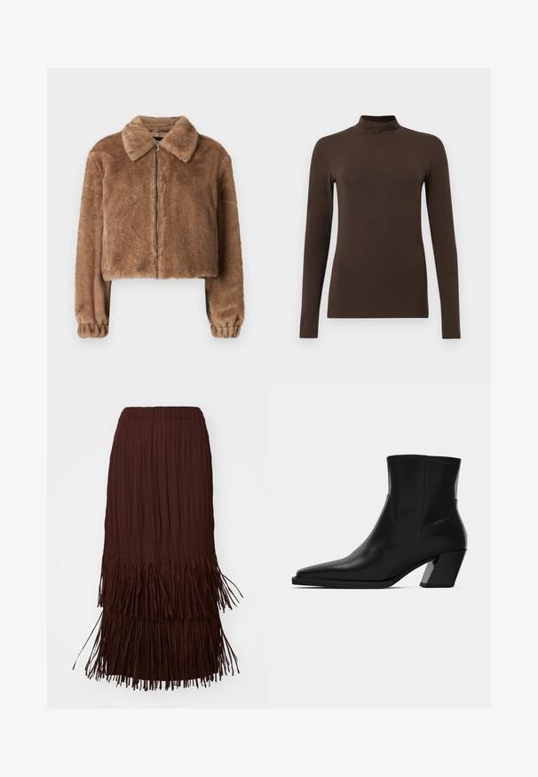 Brun faux fur jakke med krave, cropped design, lange ærmer, lynlåslukning og elastiske manchetter. Blød tekstur og glat finish.; Brun langærmet turtleneck-top lavet af blødt stof. Tætsiddende design med høj krave og sømløse ærmer. Ingen synlige mønstre eller hardware.; Brun plisseret midi-nederdel med lagdelte kantdetaljer, der har en elastisk talje og en let, flydende tekstur.; Sortlæder ankelstøvle med spids tå, en slank silhuet og en kraftig firkantet hæl. Glat tekstur med minimale stikninger.