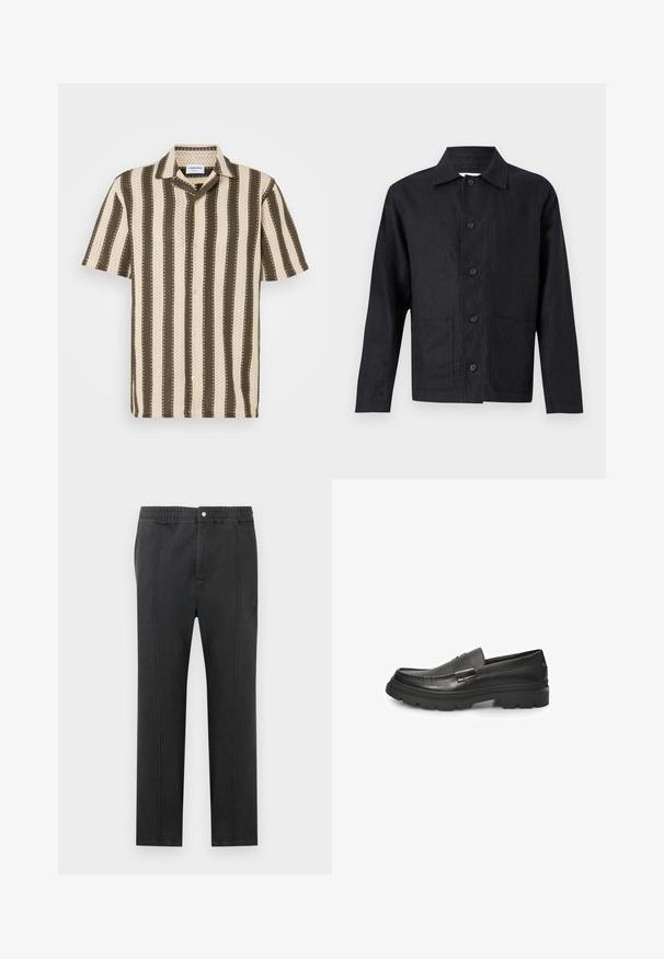 Schwarze langärmelige Jacke mit Knopfleiste, spitzem Kragen und zwei großen Fronttaschen, auf hellem Hintergrund gezeigt.; Kurzarmhemd mit Button-Down-Kragen, das abwechselnd cremefarbene und olivgrüne Streifen sowie ein strukturiertes Muster aufweist.; Schwarze Hose mit elastischem Bund, flacher Vorderseite, zwei Seitentaschen und dekorativen Nähten. Keine sichtbaren Muster oder Metallelemente.; Schwarzer Lederloafer mit abgerundetem Zehenbereich, glattem Obermaterial, dekorativem Riemen über dem Spann und dickem, rutschfestem Gummisohle.