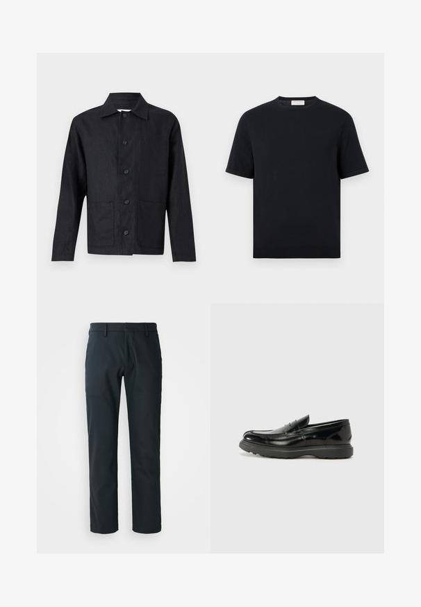 Sort langærmet knapjakke med spids krave og to store forlommer vist på en lys baggrund.; Sort kortærmet t-shirt med rund hals og ribbet kant forneden og på ærmerne, ensfarvet design, vist mod en hvid baggrund.; Sorte, lige bukser lavet af glat stof; har bæltestropper og flad frontdesign. Side lommer inkluderet.; Sort læderloafer med en blank finish, rund tå, subtile syninger og en tyk gummisål for holdbarhed.