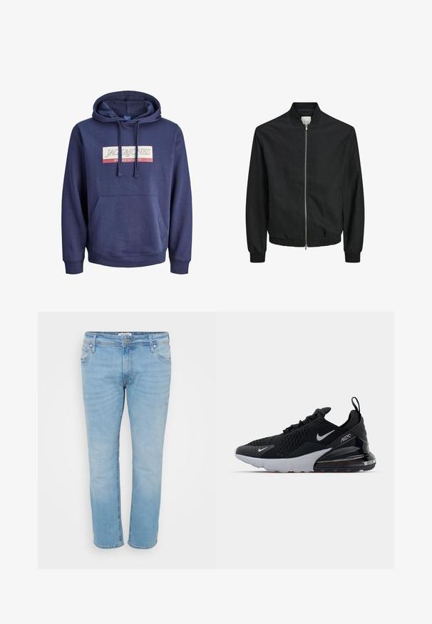 μαύρο bomber jacket με φερμουάρ μπροστά, ελαστικούς καρπούς και ύφανση. Κατασκευασμένο από ελαφρύ ύφασμα, με απλό σχέδιο χωρίς μοτίβα.; Μπλούζα φούτερ ναυτικού μπλε χρώματος από μείγμα βαμβακιού, με μπροστινή τσέπη κακαρό, κουκούλα με κορδόνι και σχεδιασμό γραφικού λογότυπου στη δέσμη του στήθους.; Ανοιχτό μπλε τζιν παντελόνι με ίσια κοπή, πέντε τσέπες, ήπια θαμπάδα και κλείσιμο με κουμπί. Ραφές λεπτομερειών στις τσέπες.; Μαύρο αθλητικό παπούτσι με διχτυωτό πάνω μέρος, λευκή ενδιάμεση σόλα και ορατή αεροθάλαμο στην φτέρνα. Κομψός σχεδιασμός με διακριτικές ασημένιες λεπτομέρειες.