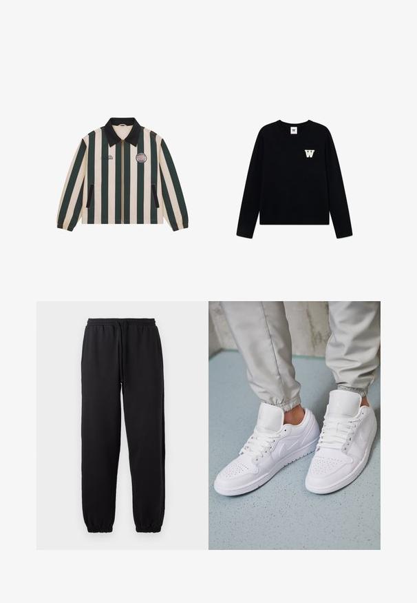 Jakke med lodrette mørkegrønne og beige striber, sort krave, frontlynlås, sidelommer og broderede logoer på brystet.; Sort strikket sweater med rund halsudskæring, lange ærmer og et hvidt "W" logo på brystet. Stoffet ser glat ud med ribbede manchetter.; Sorte joggingbukser lavet af blødt stof, med elastisk talje og justerbar snor, samt manchetter ved bunden.; Hvide lædersneakers har en perforeret tåboks, flade snørebånd, polstret krave og Jordan-logoet på tungen. Båret med grå joggers.