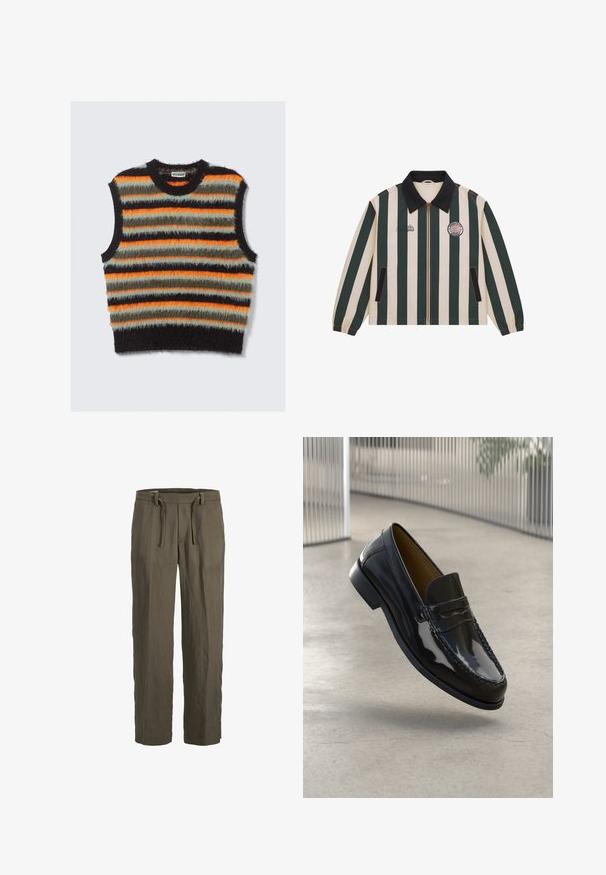 Jakke med lodrette mørkegrønne og beige striber, sort krave, frontlynlås, sidelommer og broderede logoer på brystet.; Ærmeløs fuzzy strikvest med vandrette striber i sort, orange, olivengrøn og lysegrå, med en rund halsudskæring.; Olivenfarvede bukser med lige ben, elastik i taljen og snøre, lavet af let tekstureret stof.; Sorte patentlæder loafer med en syet detalje, rund tå, lav hæl og glat overflade, præsenteret mod en neutral baggrund.