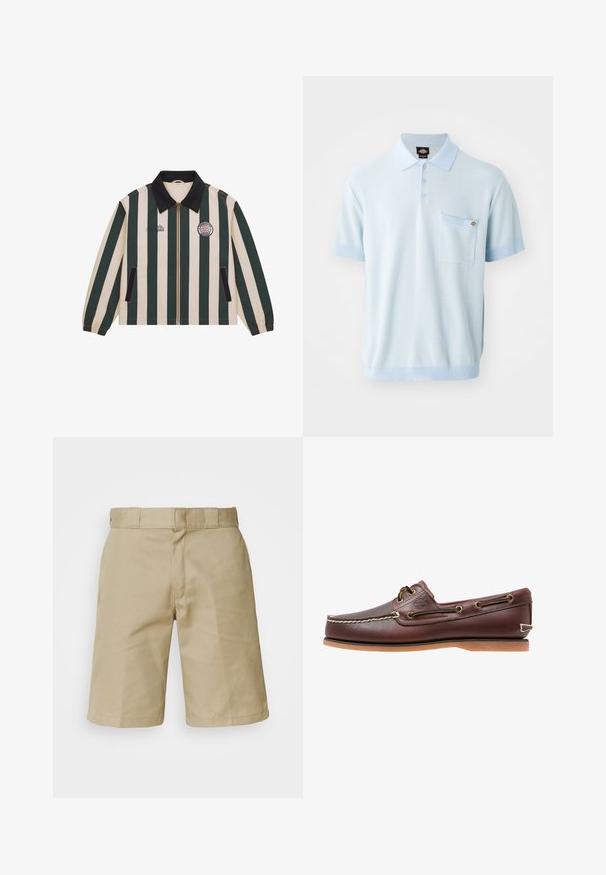 Veste avec des rayures verticales vert foncé et beige, col noir, fermeture éclair à l'avant, poches latérales et logos brodés sur la poitrine.; Polo shirt bleu clair en tissu texturé, doté de trois boutons, de manches courtes avec des poignets contrastés et d'une poche poitrine avant.; Shorts khaki avec un design à l'avant plat, une taille cousue avec passants de ceinture et deux poches latérales. Fabriqués en tissu léger.; Chaussure bateau en cuir marron avec coutures blanches, détails de lacets et semelle en caoutchouc beige, vue de côté sur fond blanc.