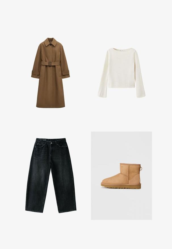 Lange bruine trenchcoat met ceintuur, brede kraag, enkele zichtbare knoop, omgeslagen mouwen en voorzakken op witte achtergrond.; Off-white trui met lange mouwen, brede ronde halslijn en licht uitlopende mouwen, gemaakt van zachte gebreide stof.; Zwarte wijde denim jeans met knoop en rits aan de voorkant, riemlussen en een ontwerp met vijf zakken op een witte achtergrond.; Tan suède enkellaars met ronde neus, gestikte details, trekhaak aan de achterkant en een gestructureerde rubberen zool. Ontworpen voor comfort en warmte.