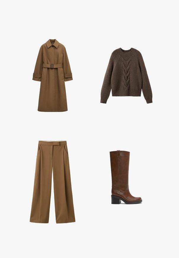Long manteau trench marron avec ceinture, large col, bouton visible unique, manches retroussées et poches avant sur fond blanc.; Pull en tricot marron avec un col rond, des manches longues et un motif en torsades sur le devant. Ourlets et poignets côtelés.; Pantalon marron à jambes larges en tissu lisse, doté de poches latérales, d'un devant plat et d'une ceinture ajustée.; Botte en cuir brun mi-mollet avec talon bloc et languette de tirage, finition lisse et bout arrondi sur fond blanc.