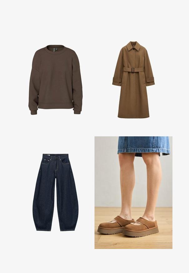 Lang brun trenchcoat med bælte, bred krave, enkelt synligt knap, manchetærmer og frontlommer på hvid baggrund.; Brun sweatshirt lavet af blødt stof, med rund hals, drop skuldre og ribbede manchetter for en afslappet pasform. Enkel, ensfarvet design.; Mørkeblå vidde jeans med frontlommer, bæltestropper og knaplukning i taljen.; Brune ruskindsplatformsko med en rund tå, udskæringer og en solid sål, ledsaget af en denimnederdel i en indstilling med trægulv.