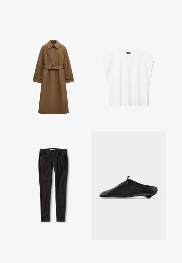Lang brun trenchcoat med bælte, bred krave, enkelt synligt knap, manchetærmer og frontlommer på hvid baggrund.; Hvid ærmeløs crop top med rund halsudskæring, brede skuldre og sort "B6"-label indvendigt i kraven.; Sorte denim jeans med lige pasform, der har en standard livkant, bæltestropper og to forlommer. Glat tekstur, minimal hardware.; Sort læder slip-on mule med en lille rundet hæl og en bundet sløjfe nær den øverste kant, vist i sideprofil.