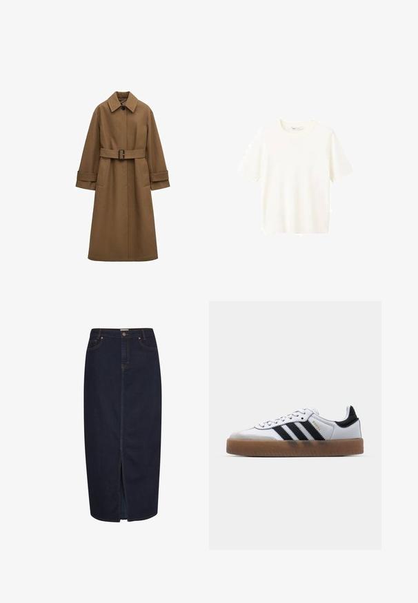 Langer brauner Trenchcoat mit Gürtel, weitem Kragen, einem sichtbaren Knopf, umgeschlagenen Ärmeln und Vordertaschen auf weißem Hintergrund.; T-Shirt mit kurzem Arm und Rundhalsausschnitt aus weichem, cremeweißem Stoff mit glatter Textur und geradem Saum. Keine sichtbaren Muster oder Verzierungen.; Dunkelblaue Jeansmaxikleid mit einem Frontschlitz. Mit orangefarbener Ziernaht und klassischem Fünf-Taschen-Design. Knopfverschluss an der Taille.; Weiße Leder Sneakers mit schwarzen Streifen, Gummigummi-Außensohle, runder Zehenform, Schnürverschluss und weichem grauem Wildleder-Zehenkappe.