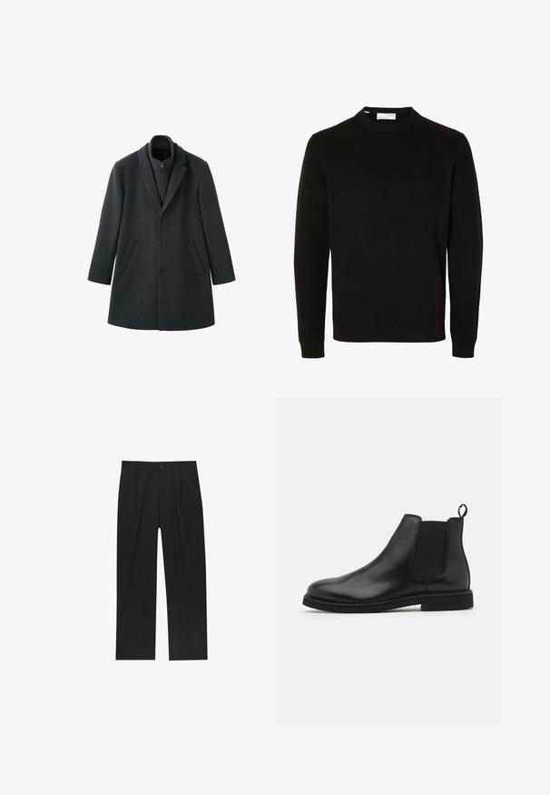 Manteau en laine gris foncé à la coupe structurée, avec des revers en cranté, trois boutons, des poches latérales et un col intérieur zippé.; Pull en maille noir à manches longues, col rond, avec poignets et bas côtelés, présenté sur un fond blanc uni.; Pantalons noirs au design droit, fabriqués à partir d'un tissu lisse. Dotés de plis sur le devant et d'une fermeture à un bouton à la taille.; Bottines Chelsea en cuir noir avec panneaux élastiques sur les côtés et une languette. Bout arrondi et semelle en caoutchouc plate, mettant en valeur une finition lisse.