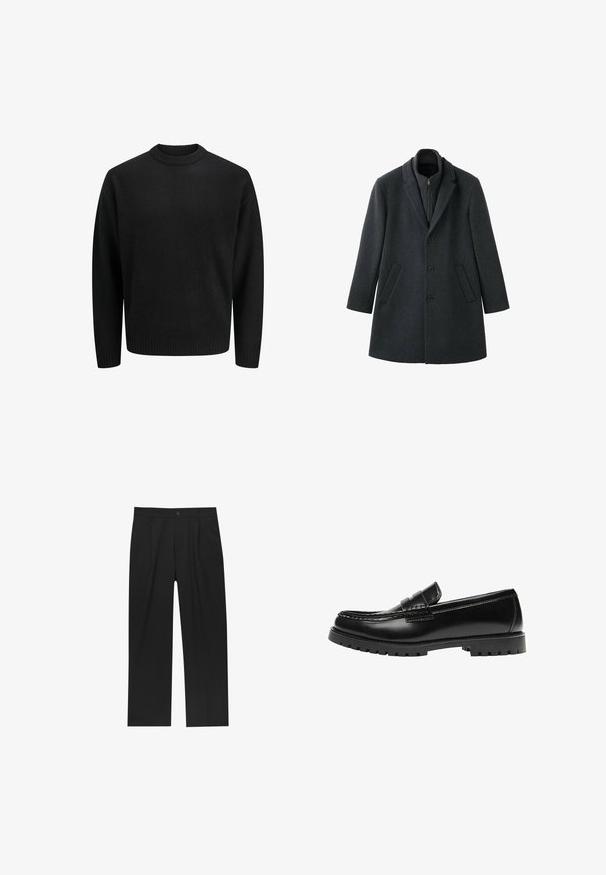 Manteau en laine gris foncé à la coupe structurée, avec des revers en cranté, trois boutons, des poches latérales et un col intérieur zippé.; Pull en maille noir avec un col rond, doté de poignets et d'un ourlet à bords côtes. Texture douce, coupe classique, sans motifs ni accents visibles.; Pantalons noirs au design droit, fabriqués à partir d'un tissu lisse. Dotés de plis sur le devant et d'une fermeture à un bouton à la taille.; Mocassin en cuir noir avec une semelle en caoutchouc épaisse et un détail classique de bride à monnaie, vu de côté extérieur.