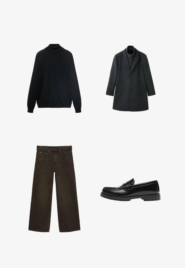 Mørkegrå uldfrakke med struktureret design, hakket revers, tre knapper, sidelommer og en lynlåslukning på den indvendige krave.; Sort turtleneck sweater med en tætsiddende krave, lange ærmer og ribbede manchetter og kant. Lavet af blødt, strækbart stof med en glat tekstur.; Brune cowboybukser med vide ben, forlommer, bæltestropper, knap- og lynlåslukning.; Sort læderloafer med en kraftig gummisål og klassiske penny-strap detaljer, vist fra ydersiden.