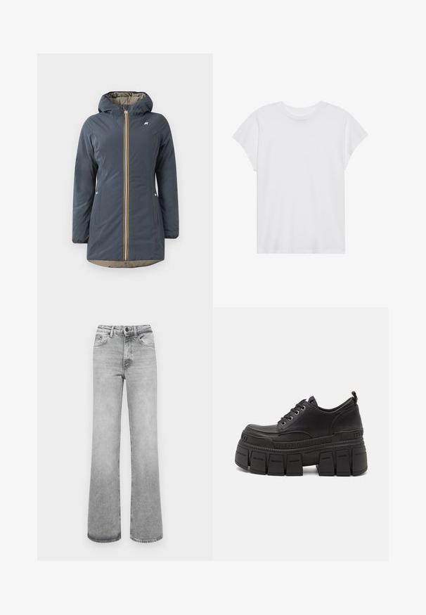 Marineblaue isolierte Jacke mit Kapuze, Frontreißverschluss und buntem gestreiften Akzent. Verfügt über Seitentaschen und ein beiges Futter.; Weißes kurzärmliges T-Shirt mit Rundhalsausschnitt, lockerer Passform, aus weichem Baumwollstoff. Glatte Textur, keine Muster oder Logos.; Helle graue, ausgebleichte gerade Jeans mit Fronttaschen, Gürtelschlaufen sowie einem Knopf- und Reißverschluss.; Schwarze Plattform-Sneaker mit einem oberen Teil aus glattem Leder, Schnürverschluss, dicke Gummisohle und Branding-Detail an der Seite.