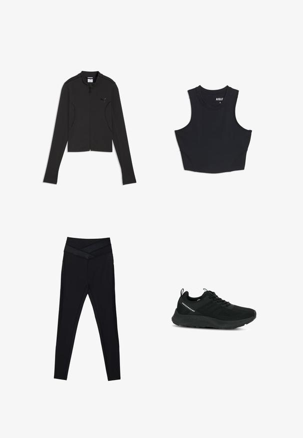 Sort langærmet lynlåstrøje med Puma-logo på brystet, høj krave og hul til tommelfingrene i ærmerne, lagt fladt på hvid baggrund.; Sort ærmeløs tætsiddende croptop med rund halsudskæring og diskrete syningsdetaljer, størrelse small, fladt lagt på hvid baggrund.; Sorte leggings med høj talje og bred, krydset taljebånd samt tætsiddende pasform langs benene på en hvid baggrund.; Sort sportsko med en struktureret overdel, netpaneler og en polstret sål. Har snørebånd og en løkke ved hælen for nem påtagning.