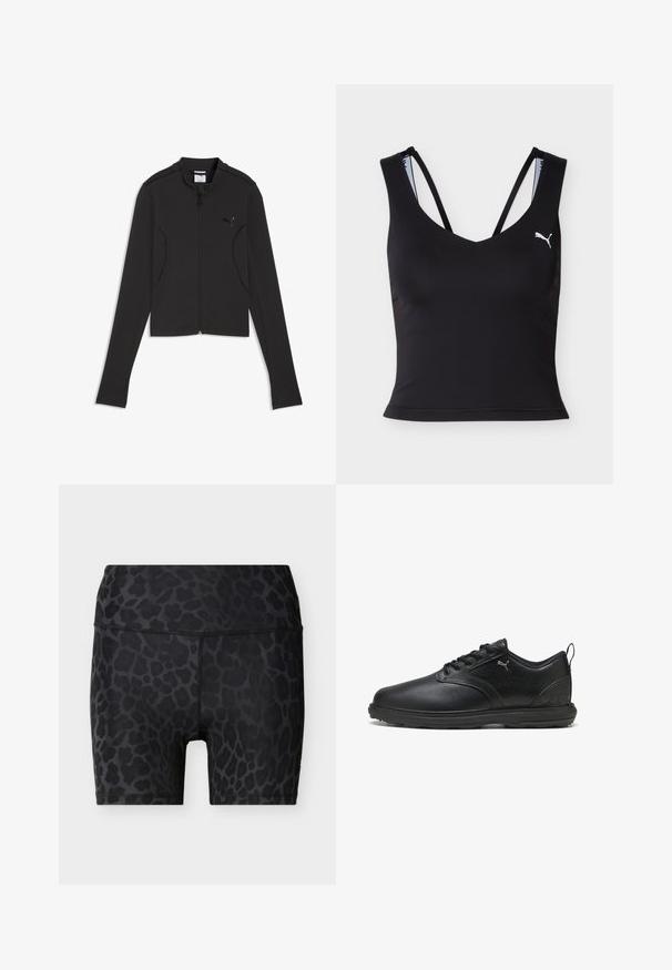 Musta pitkähihaisen vetoketjullisen takin jossa on Puma-logo rinnassa, korkea kaulus ja peukaloreiät hihoissa, aseteltu tasaisesti valkoiselle taustalle.; Musta lyhyt urheilutoppi, jossa on ohuet kaksinkertaiset olkaimet ja valkoinen Puman logo vasemmalla rinnassa.; Musta korkeavyötäröiset pyöräilyshortsit, joissa on tummanharmaa leopardi-kuvio ja näkyvät saumat yksivärisellä vaalealla taustalla.; Musta nahkakenkä, jossa on sileä pinta, teksturoitu sivupaneeli, nauhoitettava malli ja pehmustettu kaulus. Sisältää hienovaraisen logon ja kuvioidut korostukset.