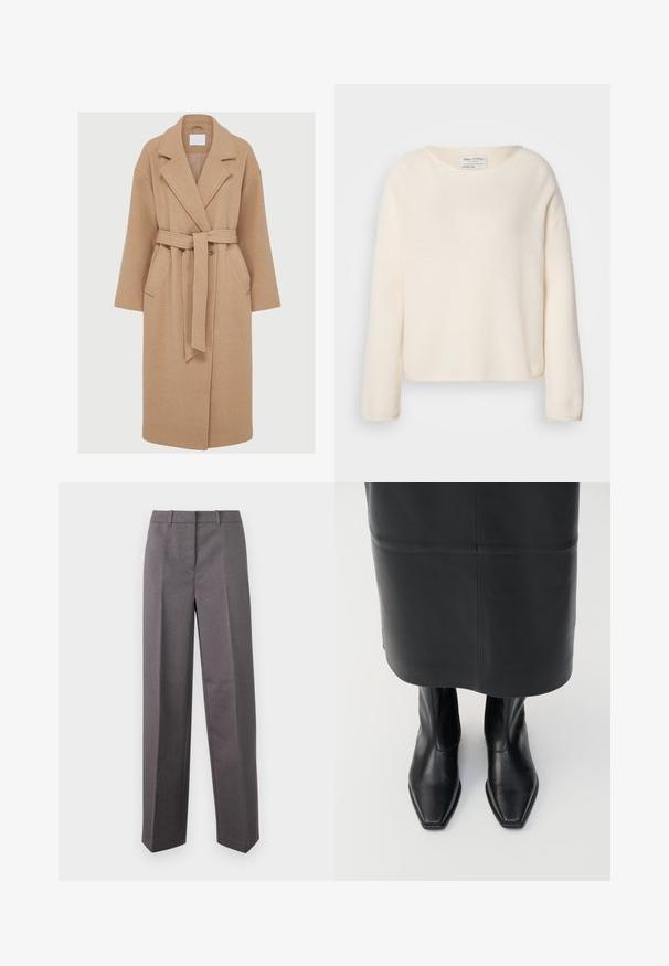 Beige wollen jas met een sjaalkraag, lange mouwen, een strikceintuur en twee voorzakken. Kenmerkt zich door een relaxed fit en een zachte, gestructureerde stof.; Crèmekleurige trui met een ronde hals, verzakte schouders en lange mouwen. Zachte, gestructureerde stof met een licht cropped pasvorm.; Grijze, op maat gemaakte broeken van textuurstof, met een rechte pijp, een vlakke voorkant en riemlussen.; Zwarte leren hoge enkellaarsjes met een vierkante neus en een ritssluiting aan de zijkant. Glad textuur en minimale hardware; gecombineerd met een zwarte leren rok.