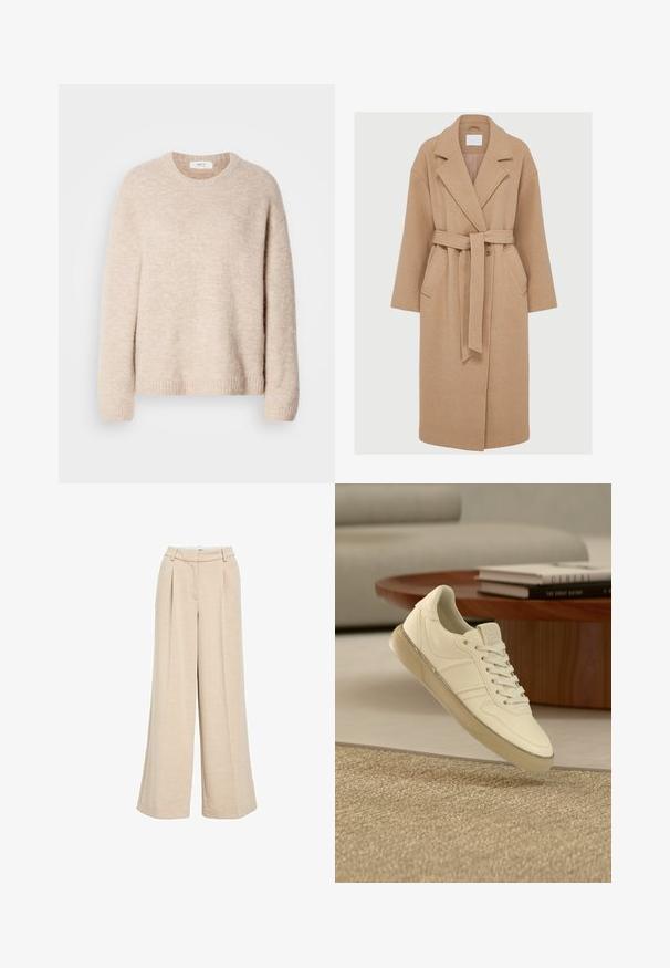 Manteau en laine beige avec un col châle, des manches longues, une ceinture à nouer et deux poches avant. Présente une coupe décontractée et un tissu doux et texturé.; Pull en maille beige avec col rond, manches longues et ourlet côtelé. Tissu doux et texturé avec une coupe décontractée.; Pantalons larges beige clair en tissu texturé, avec une taille haute, des plis avant et des poches latérales pour plus de fonctionnalité.; Baskets en cuir blanc avec un design à lacets, des accents texturés et une semelle en caoutchouc translucide, présentées au-dessus d'une surface tissée.