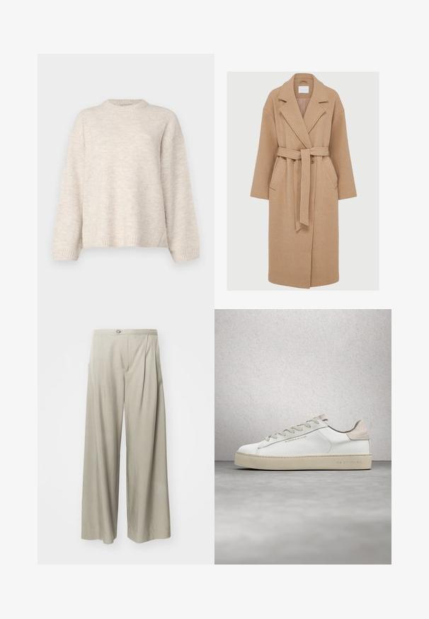 Manteau en laine beige avec un col châle, des manches longues, une ceinture à nouer et deux poches avant. Présente une coupe décontractée et un tissu doux et texturé.; Pull en tricot beige clair avec un col rond, des épaules tombantes et des poignets côtelés. Texture douce, coupe légèrement oversize.; Pantalons taille haute gris clair à jambes larges, dotés d'un tissu texturé, de plis à l'avant et d'une fermeture par un bouton unique à la taille.; Sneaker en cuir blanc avec une finition lisse, accents en suède beige, bout arrondi, design à lacets plats et semelle en caoutchouc texturée.